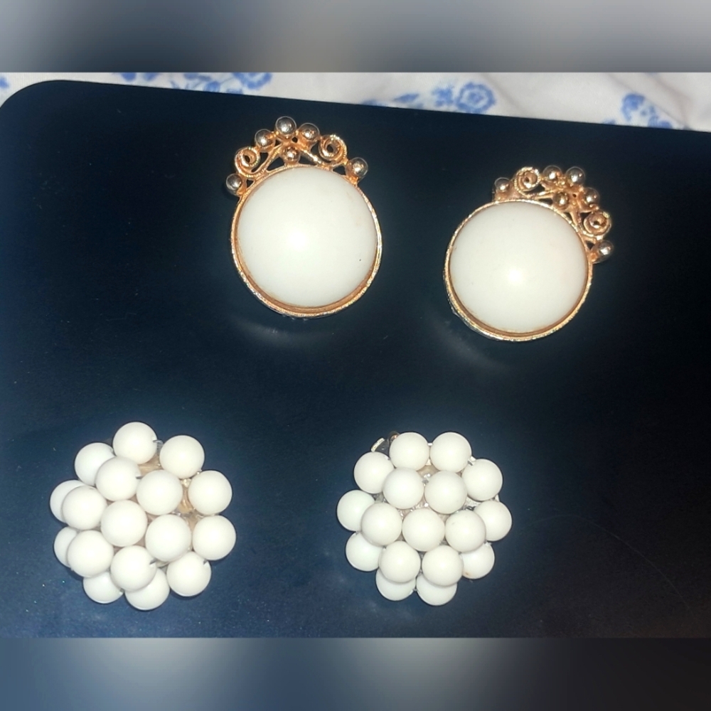 VINTAGE 2 Pairs White Clip On Earrings. Signed JAPAN